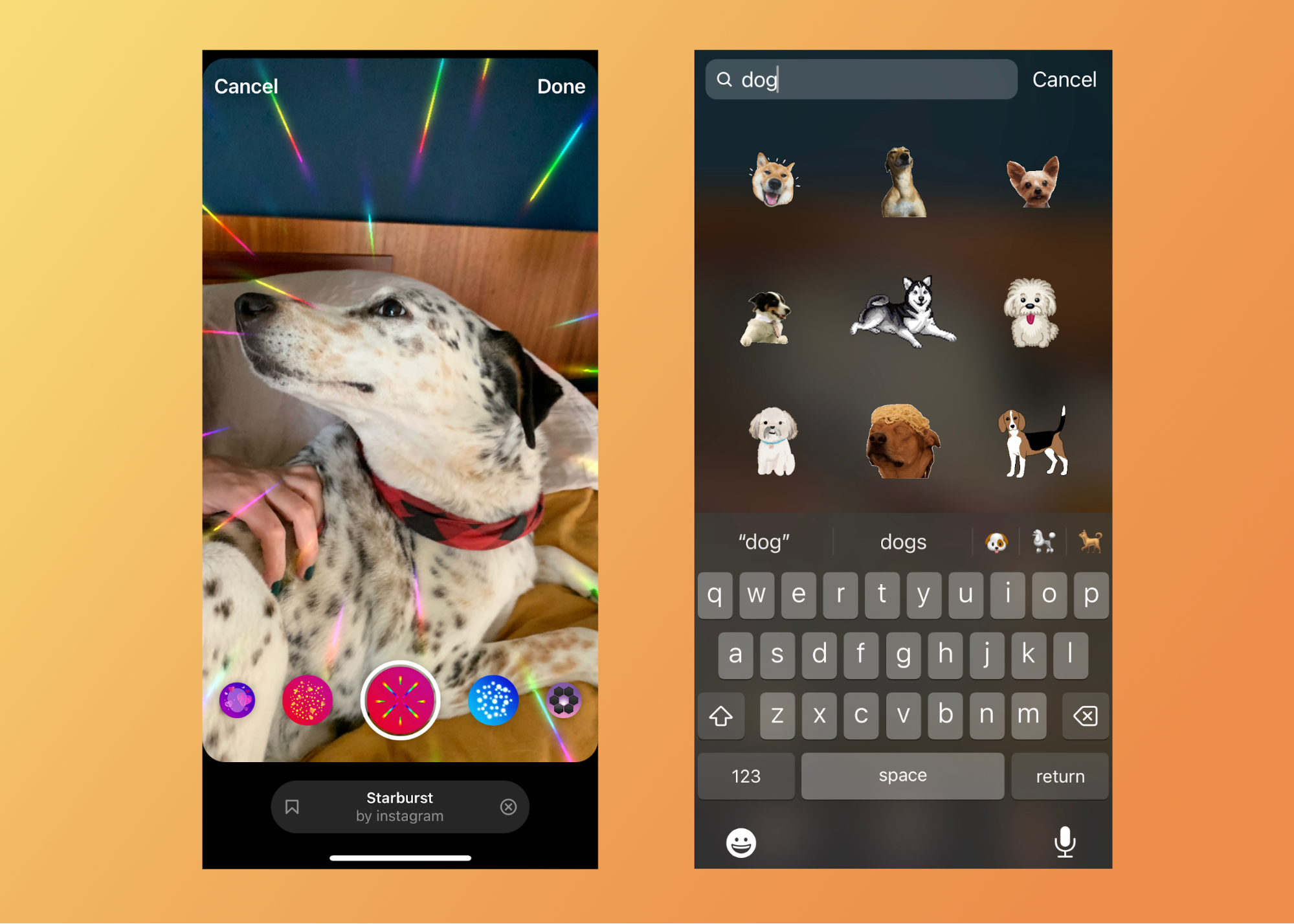 Screenshots demonstrating how to use Instagram Story effects and how to search for GIFs.