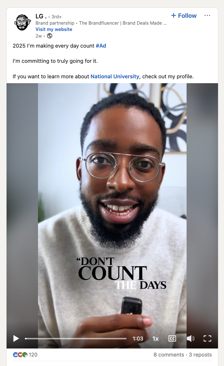 A sponsored LinkedIn post from LG for National University’s Year of You scholarship and other programs.