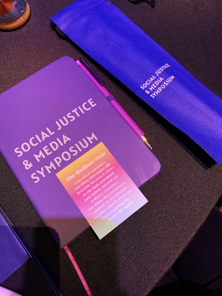 Social Justice & Media Symposium 2020 swag given out to attendees.