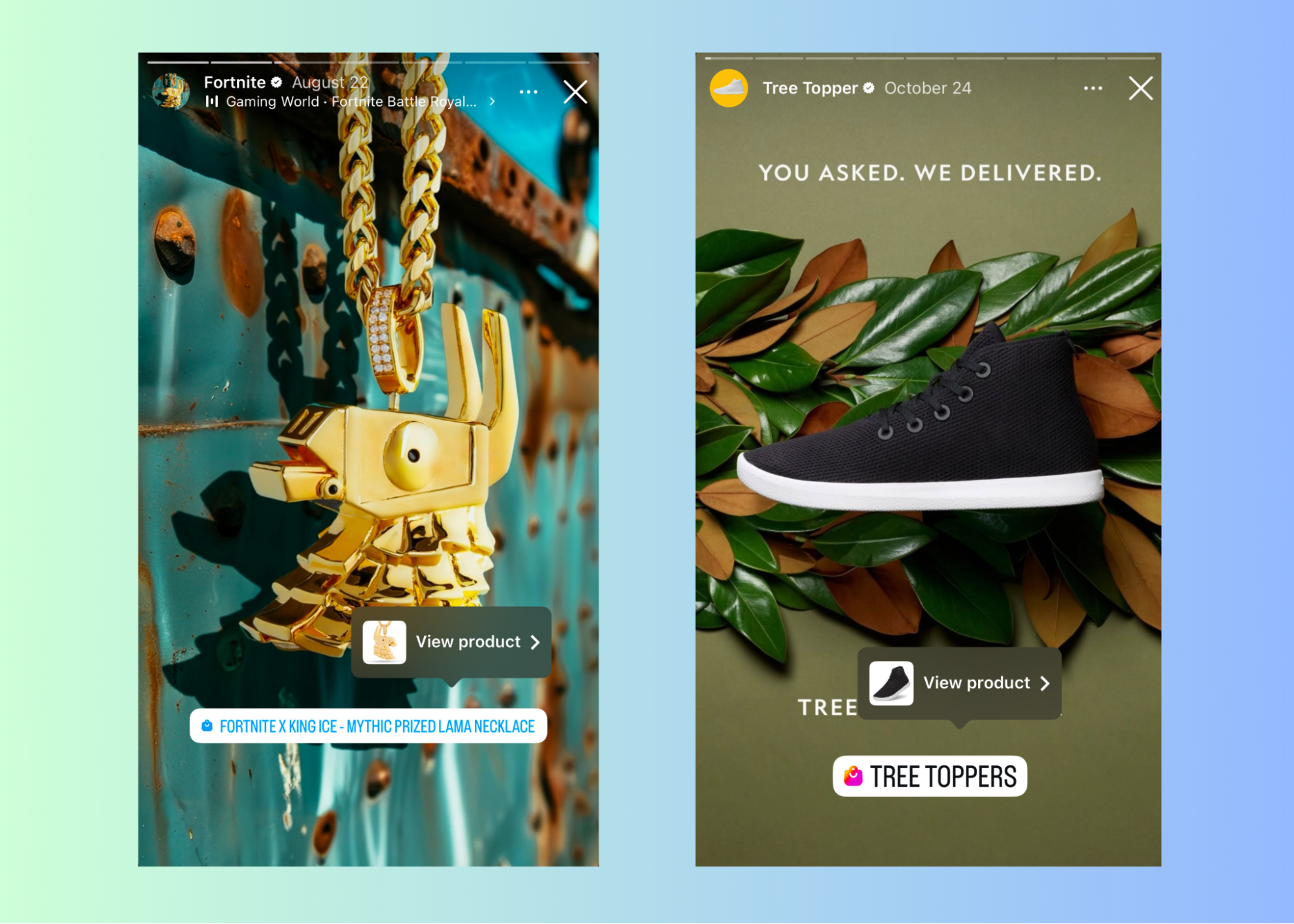 Examples of how jewelry and athletic shoes look in shoppable stories.