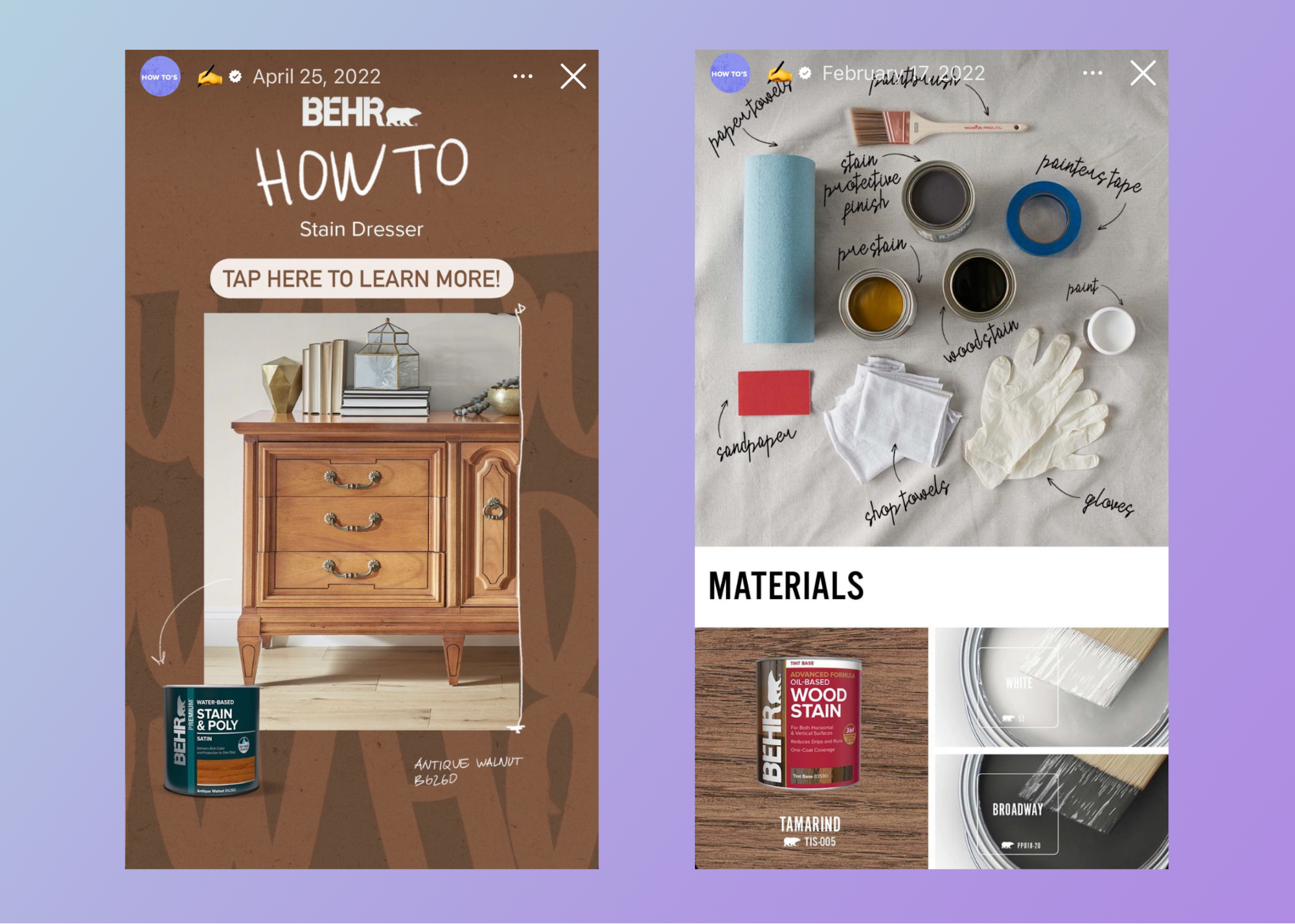 A stained dresser and pictures of the materials used to create it from Behr.