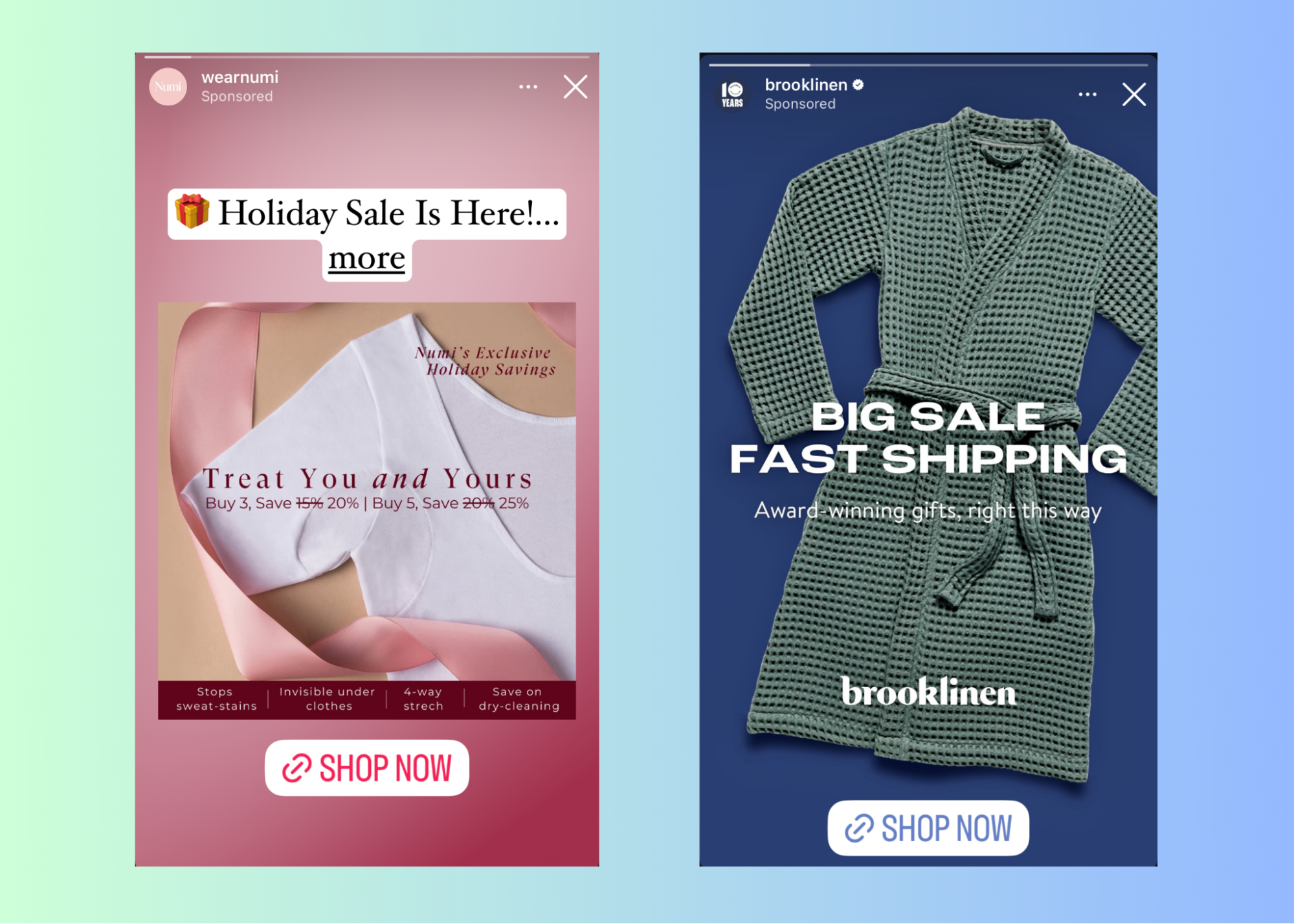 Numi's Holiday Sale promo with image of an undershirt (left) and Brooklinen's Big Sale with image of a robe.