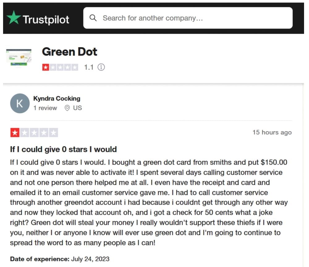 Trustpilot customer review