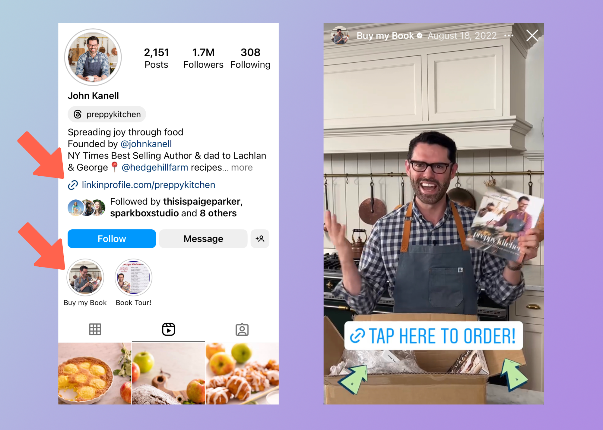 John Kanell's Instagram Story panels encourage followers to 'tap here to order' his book.
