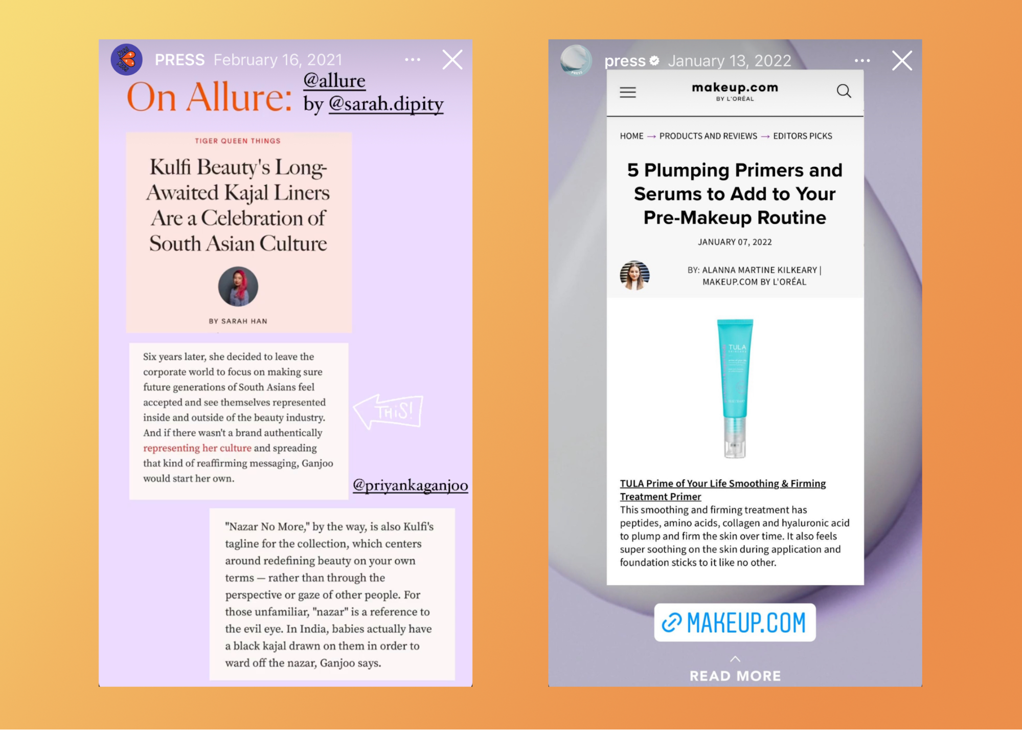 Screenshotted Stories from Kulfi Beauty and Tula highlight recent press mentions.