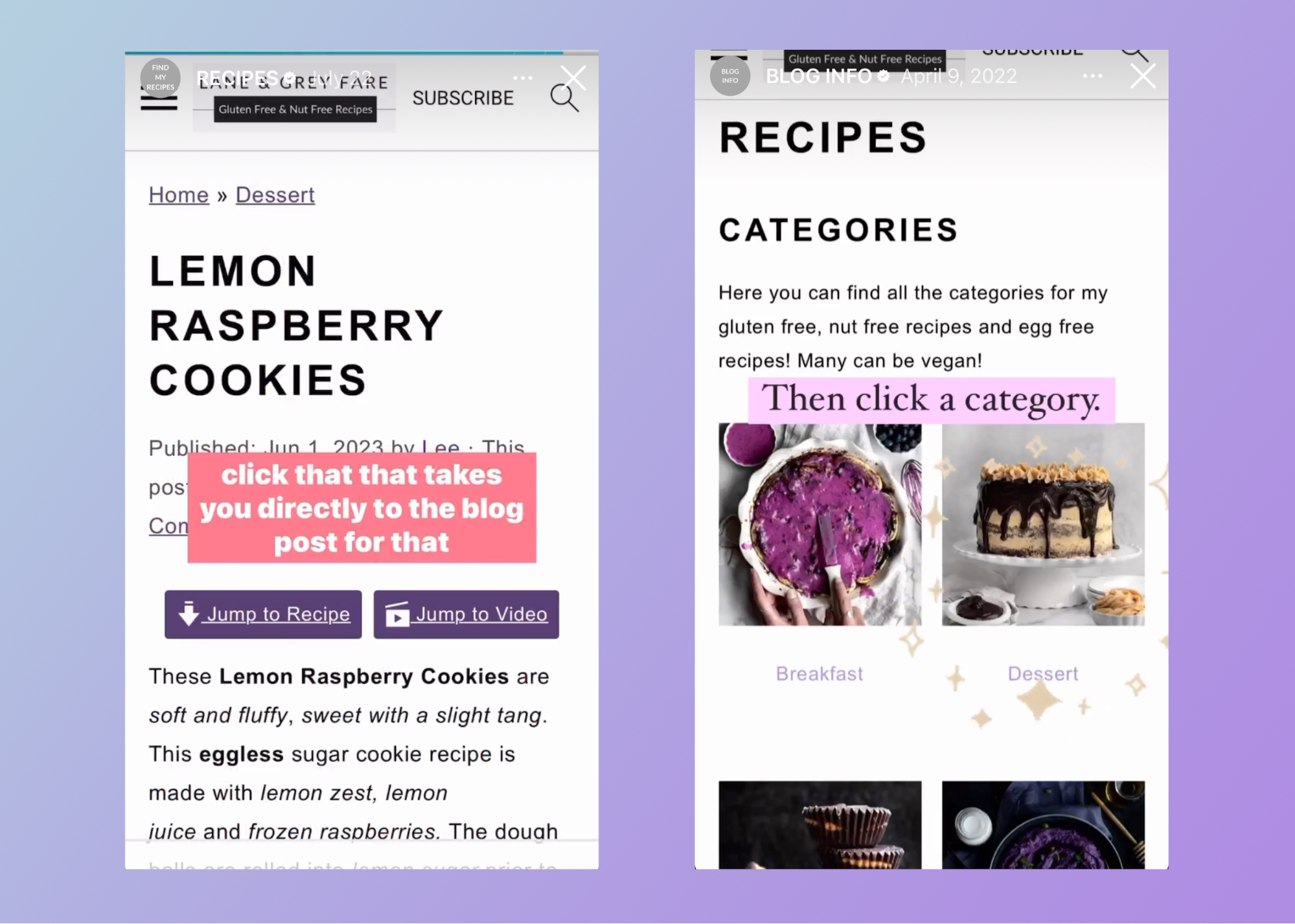 These Instagram Stories are screenshots of recipe blogs from Lane and Grey Fare.