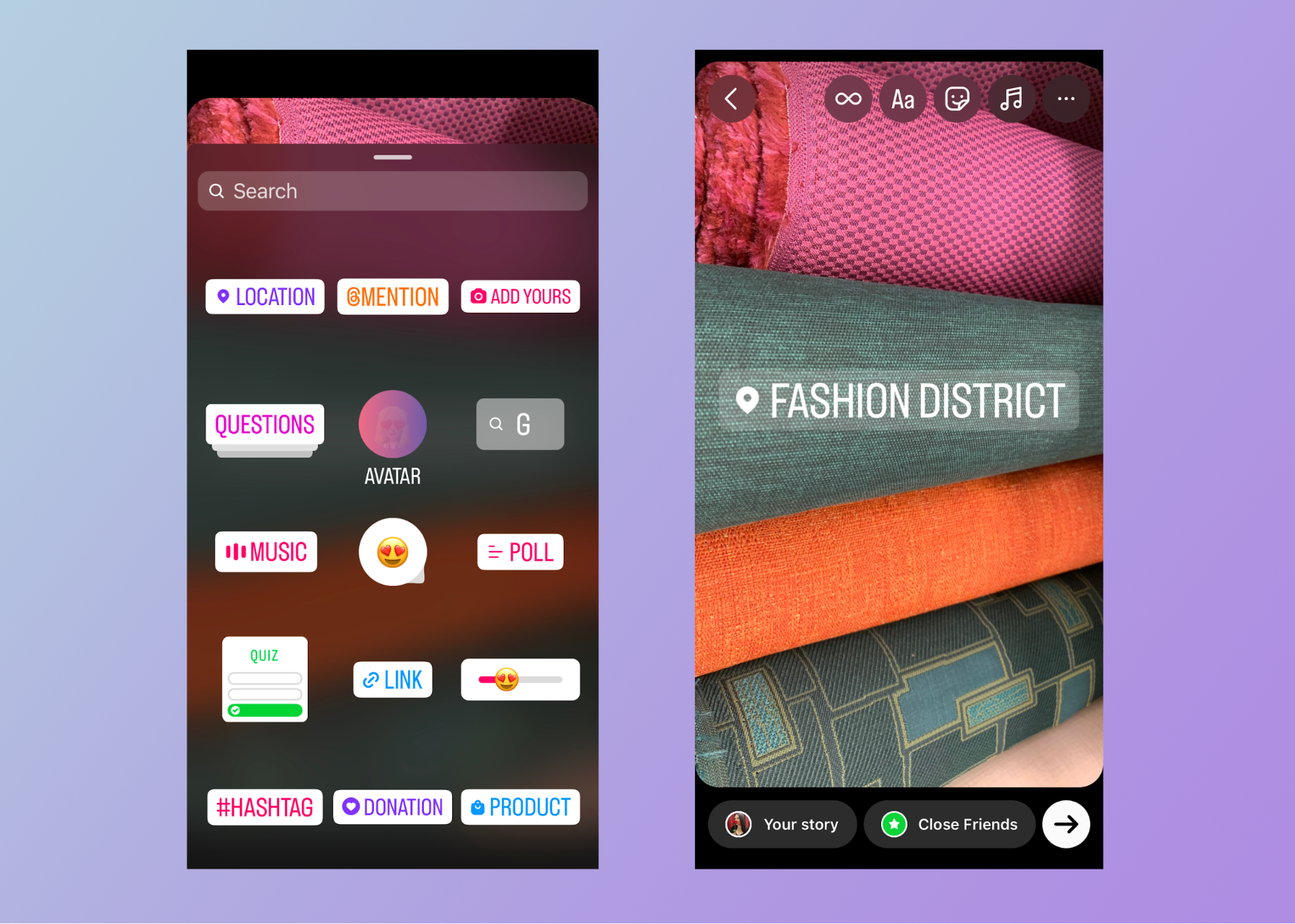 Screenshot tutorial showing how to add location stickers and verified locations to Instagram Stories.