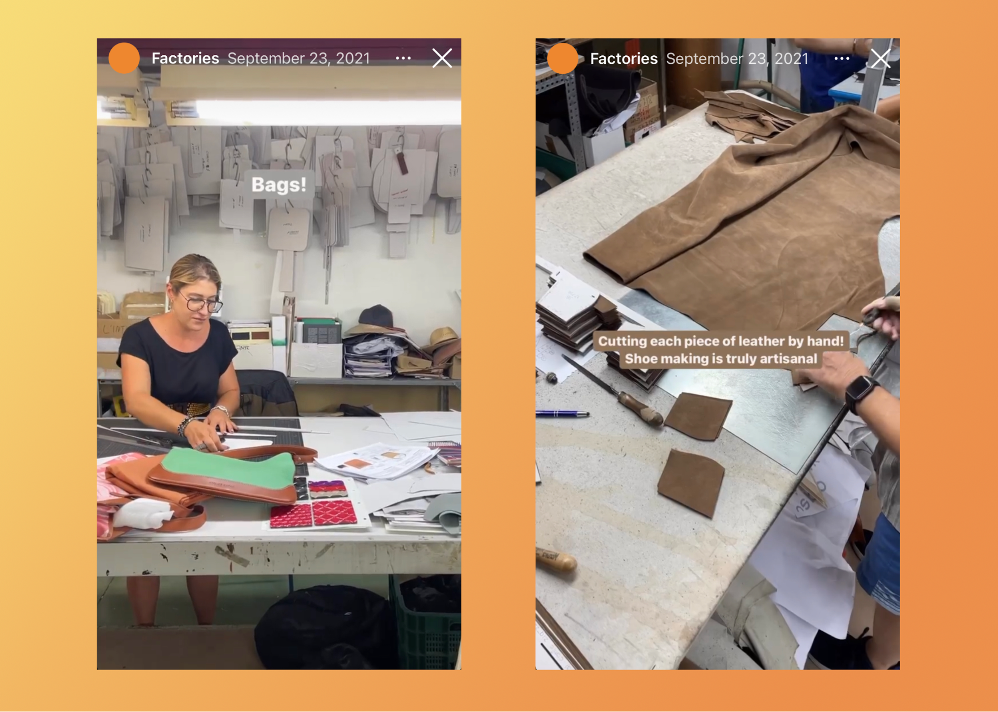 A post from Macguire shows a woman cutting leather in a factory.
