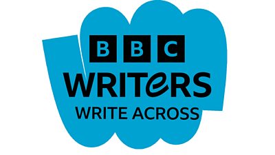 the text 'bbc writers write across' in black on a blue scribble of highlighter