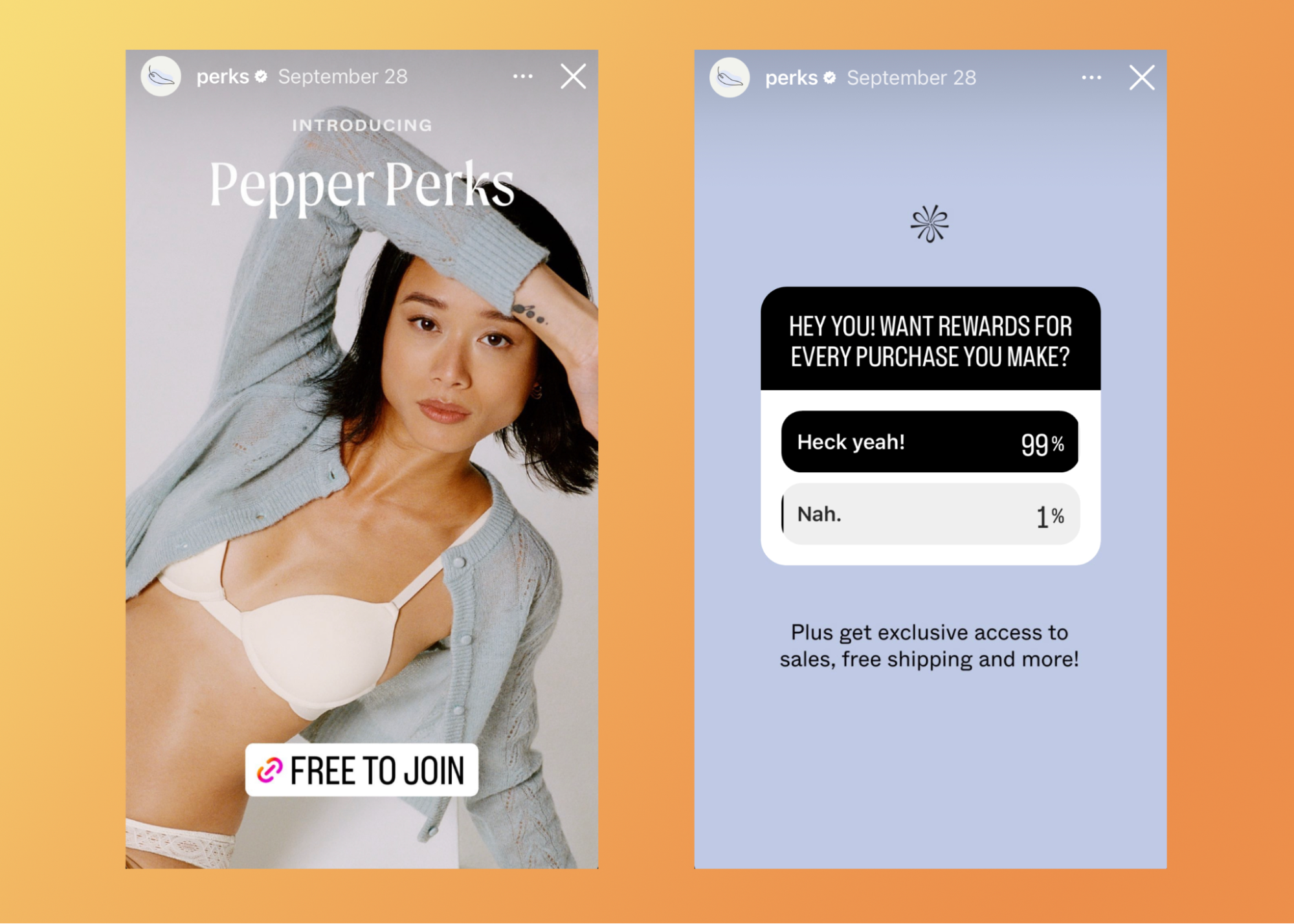 Story Highlight of a woman wearing a cardigan over an underwear set (left) and text on a color background.