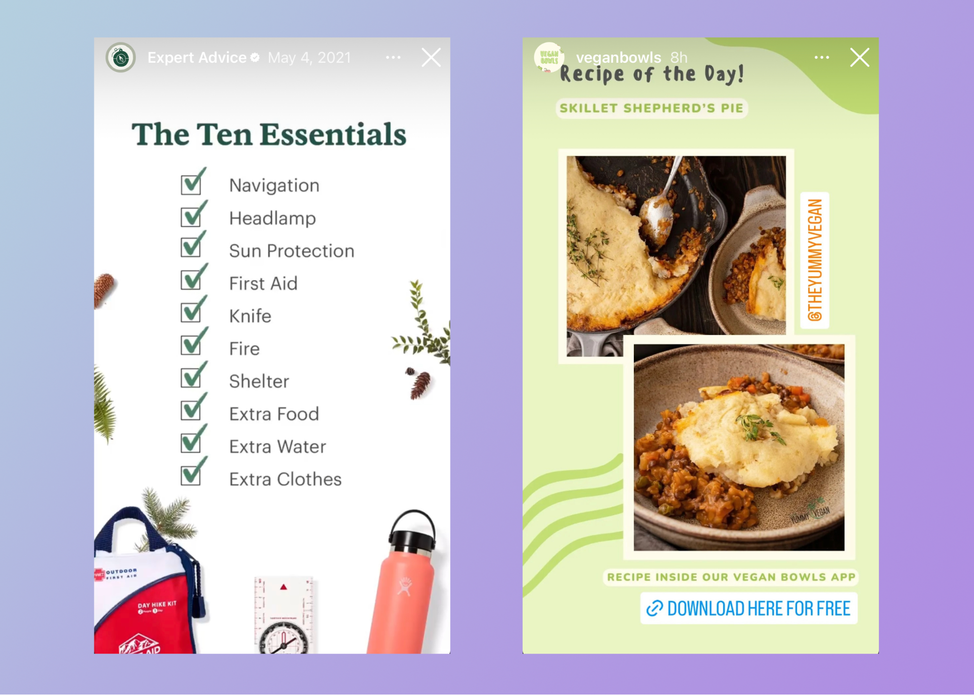A camping checklist from REI and a shepherd's pie recipe from Vegan Bowls.