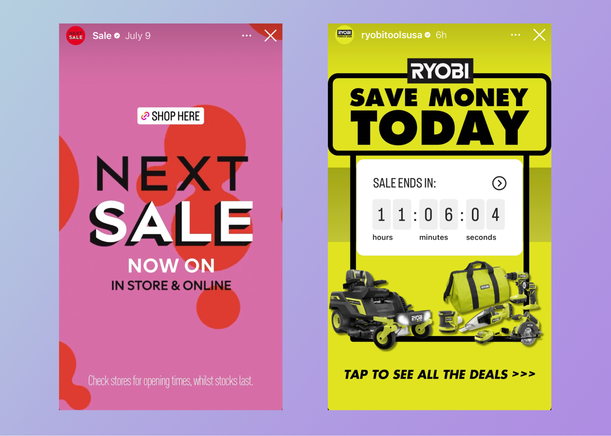 Text on colorful backgrounds promoting sales for Next (left side) and Ryobi.