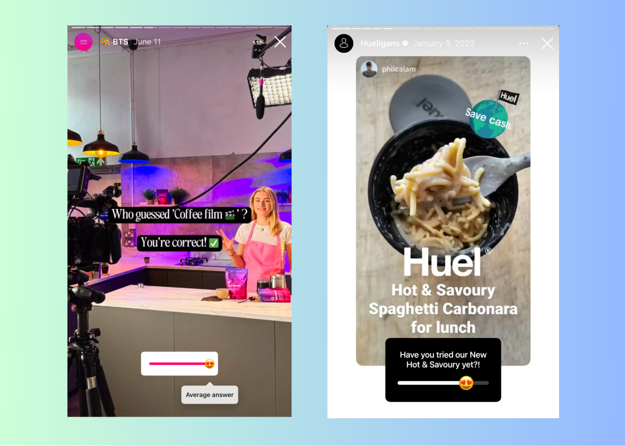 Examples of emoji sliders in Instagram Stories from Spacegoods and Huel.