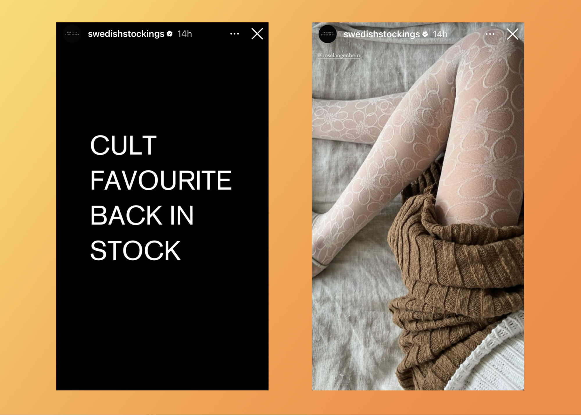 Announcement of restock on black background and image of legs in tights on right side.