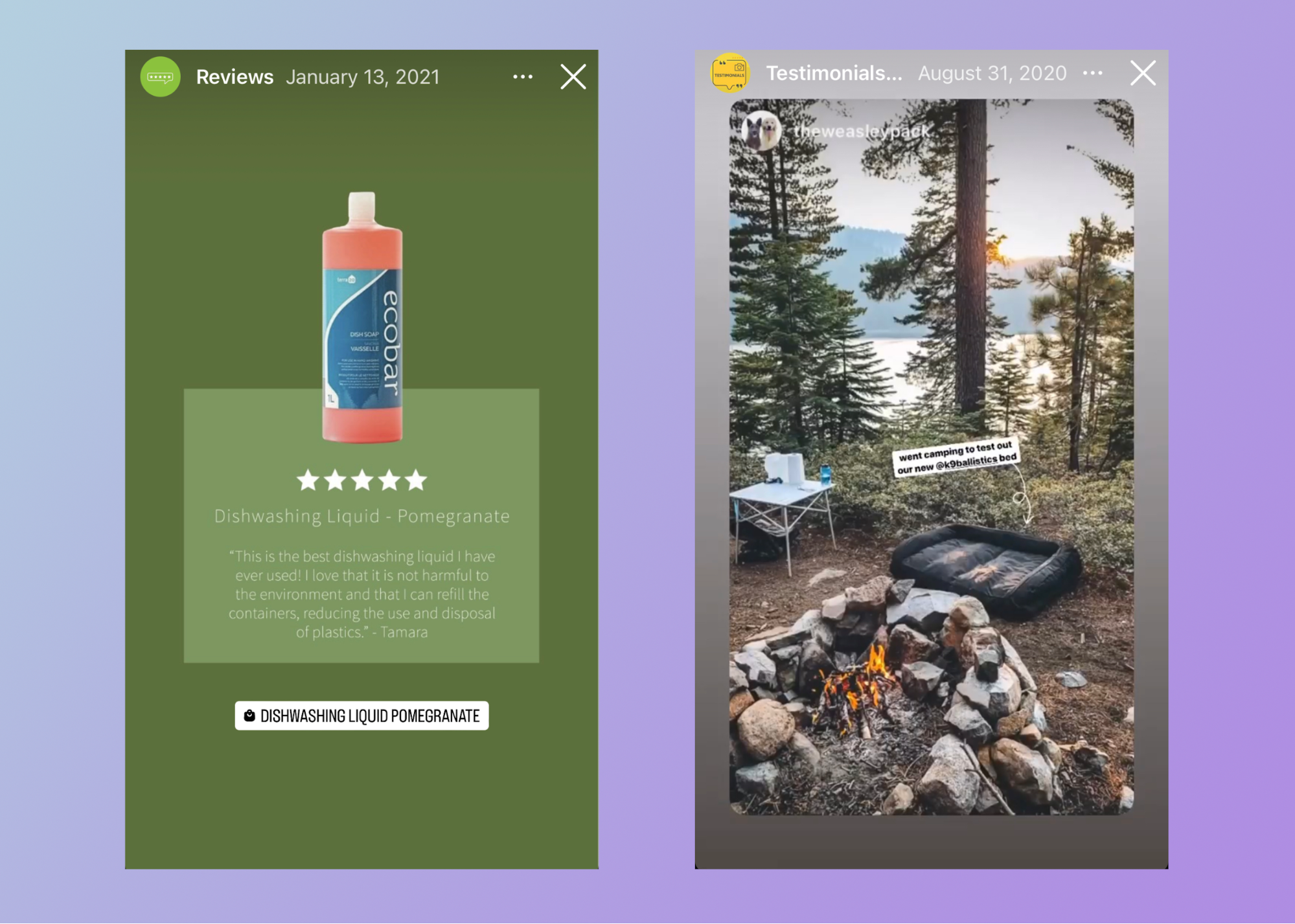 Dishwashing soap bottle overlaid with a glowing review; a campfire scene with a blow-up bed.