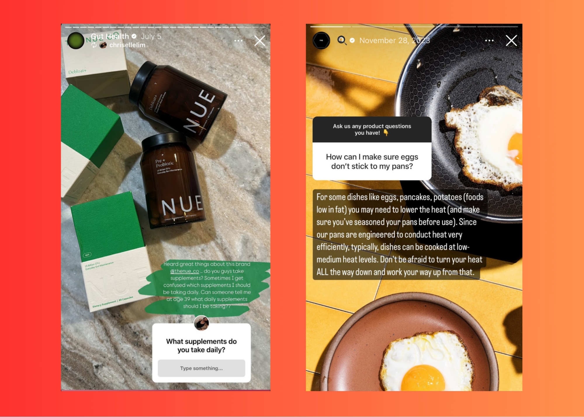 Nue supplement overlaid with the question 'what supplements do you take daily?'. Hexclad pans and fried eggs overlaid with a question about pan techniques.
