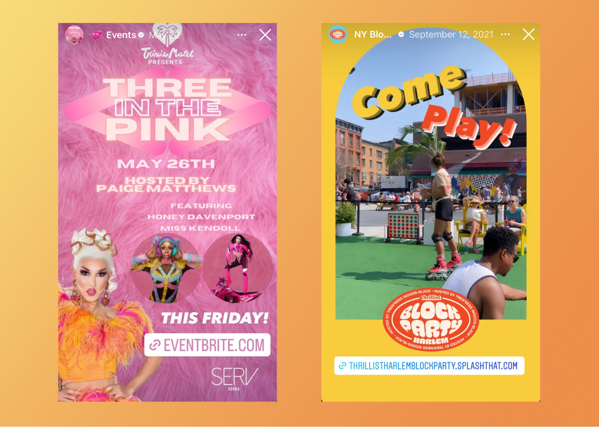 Instagram Stories advertising upcoming events from Trixie Motel and Thrillest.