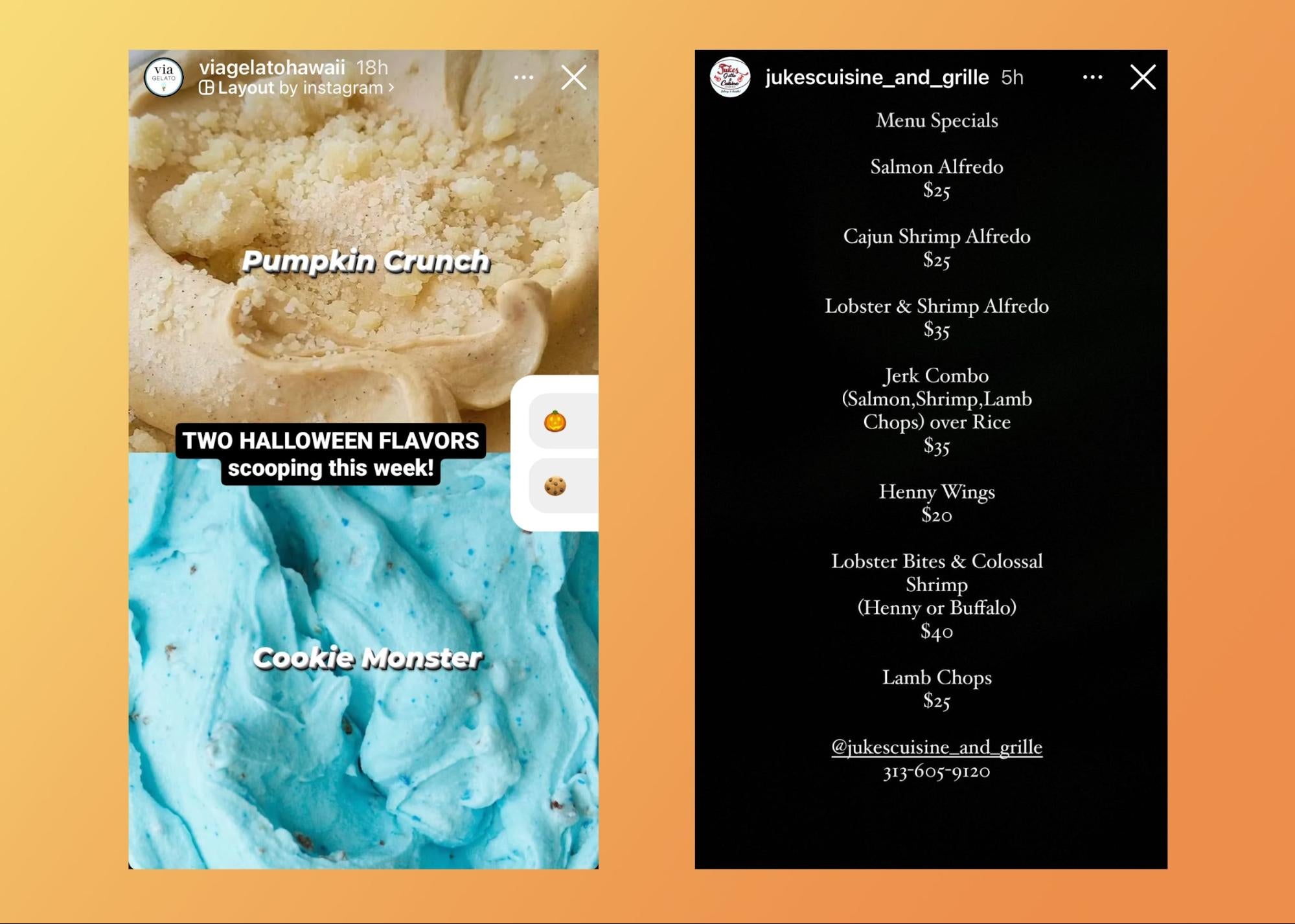 Two flavours of ice cream from Via Gelato, a menu of special items from Juke's Cuisine and Grille.